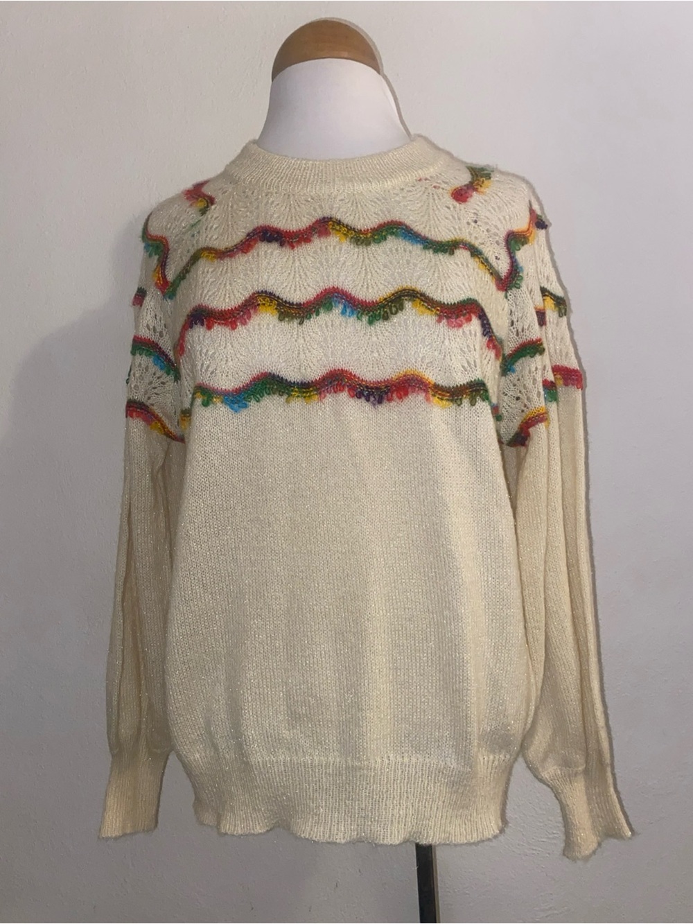 ANDTHEWHY Ivory Long Sleeve Sweater, Tie Neck, Multi Color Design, Eyelets S/M